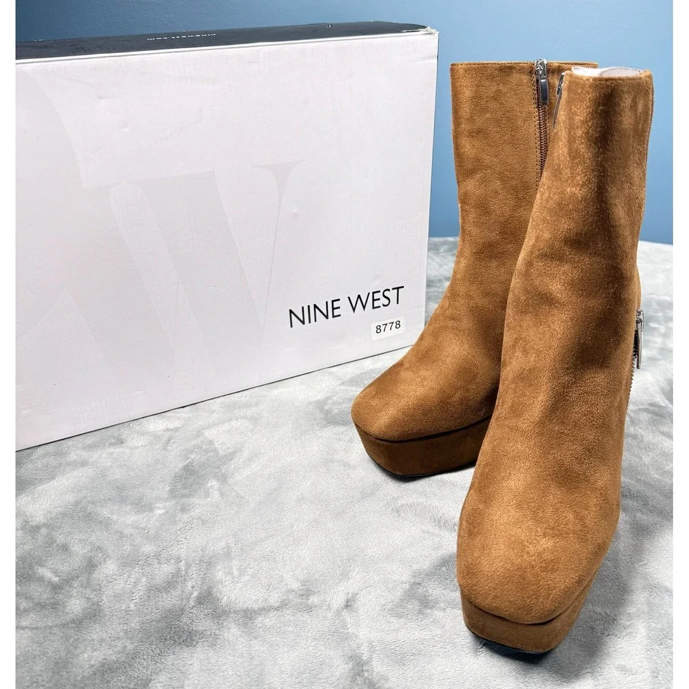 Nine West Kerri2 Boots Womens 9.5 Brown Suede Platform Heel Ankle